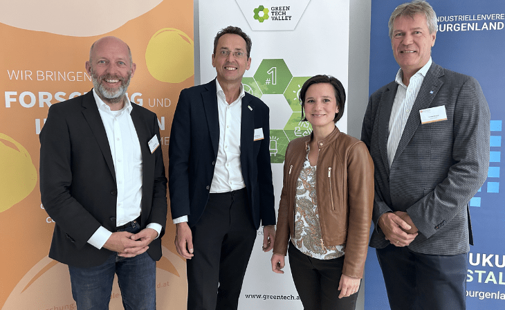 Marcus Keding (Geschäftsführer Forschung Burgenland), Bernhard Puttinger (Geschäftsführer Green Tech Valley), Aniko Benkö (Geschäftsführerin Industriellen Vereinigung Burgenland), Christian Strasse (Präsident Industriellen Vereinigung Burgenland) -c- Forschung Burgenland