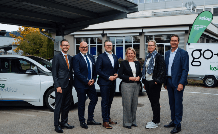 Shared Charging Day Sebastian Schuschnig (Landesrat für Energie, Wirtschaft und Mobilität), Christian Philipp (CCO go-e), Jörg Eisenschmied (Finanzvorstand Infineon Technologies Austria AG), Eva Tatschl-Unterberger (Geschäftsführerin Kärnten Netz), Christina Hirschl (Geschäftsführerin bei Silicon Austria Labs) und Reinhard Draxler (Vorstand Kelag) - v.l.n.r. © Kelag I Henry Welisch