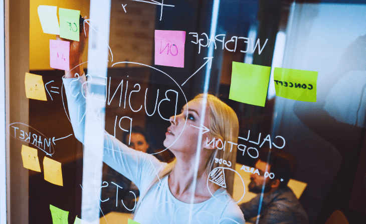 Symbolbild. Junge Frau arbeitet mit Post-its an einem Glasboard zu einem Businessplan -