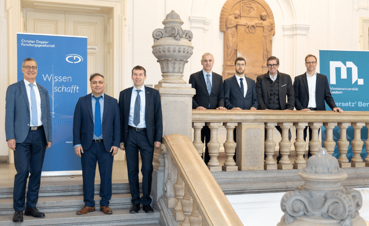 v.l.n.r.: Univ.-Prof. Christian Mitterer (Leiter des Lehrstuhls für Funktionale Werkstoffe und Werkstoffsysteme), der Leiter des neuen CD-Labors Priv.-Doz. Dr. Ebrahim Karimi Sibaki, Vizerektor für Forschung und Nachhaltigkeit Univ.-Prof. Helmut Antrekowitsch, Ewald Reisenberger (Primetals Technologies), Dr. Alija Vila (Primetals Technologies), Dipl.-Ing. Alexander Scheriau (INTECO) und Dipl.-Ing. Gernot Hackl (RHI Magnesita) © MUL/Harald Tauderer