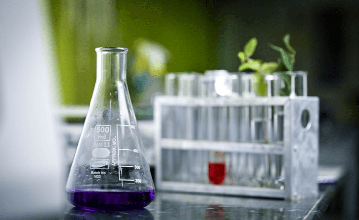 Labortisch mit Flaschen und Röhrchen und kleiner grüner Pflanze. Sujetbild. (c) Canva.com