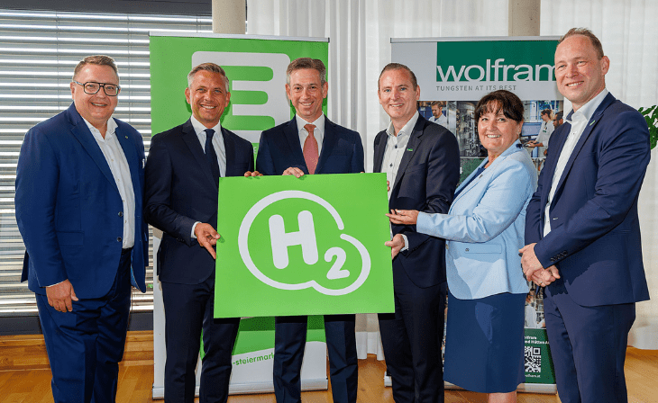 Unterzeichnung des Wasserstoffprojekts Energie Steiermark-Wolfram AG (v.l.): Martin Graf (Vorstand Energie Steiermark), Wolfgang Hattmannsdorfer (Bundesminister für Wirtschaft, Energie und Tourismus), Werner Ressi (Vorstand Energie Steiermark), David Goulbourne (Vorstandsvorsitzender Wolfram), Manuela Khom (Landeshauptmann-Stellvertreterin), Andreas Raffelsberger (Vorstand Wolfram) (c) Energie Steiermark