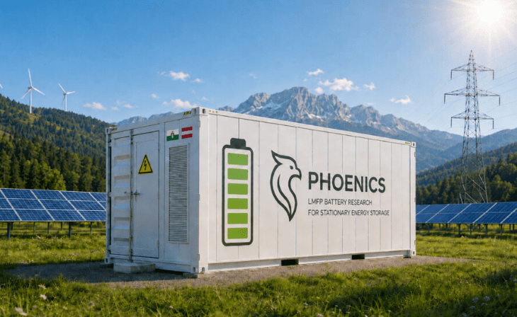 Mehr Energie, optimierte Sicherheit - PHOENICS forscht an nachhaltigen Batterien der Zukunft: Innovative Lithium-Ionen-Zellen auf Basis von Lithium-Mangan-Eisenphosphat (LMFP) sollen stationäre Energiespeicher leistungsfähiger, nachhaltiger und wirtschaftlicher machen © Created with AI; edited by VIRTUAL VEHICLE