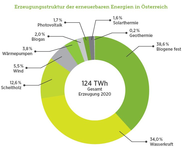 Green Tech Cluster, Erneuerbare Energien, Erzeugungsstruktur erneuerbare Energien Österreich, 2022