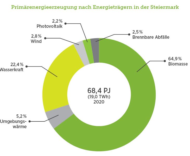 Primaerenergieerzeugung_768x600 Green Tech Cluster, Erneuerbare Energien, Primärenergieerzeugung Energieträger Steiermark, 2022